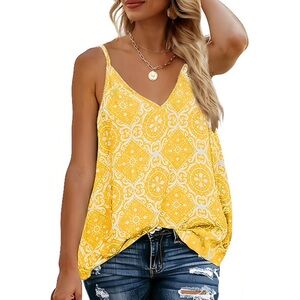 Yellow Floral V-Neck Tank – Large